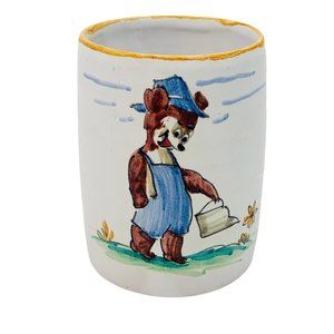 Childs Cup Mug Dressed Bear Italy Anthropomorphic Overalls Hand Painted Kitsch
